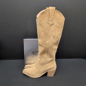 Wet Kiss The Chloe Women's Embroidered  Knee High Boots US 7.5 Apricot